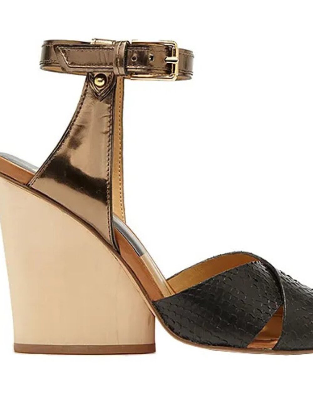 Dolce Vita Kelly Wood Heel Sandal in Black Snake and Metallic, Size 8